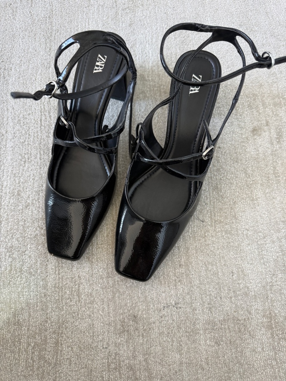 ZARA Black Patent Square-Toe Strappy Heels